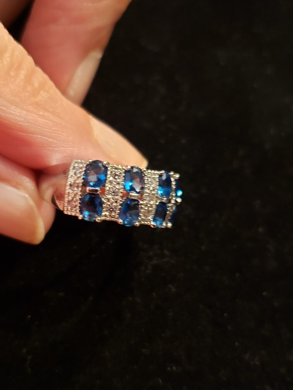 NEW Blue Sapphire Stamped 925 Fashion Ring, Wide Band W/oval Stones & Pavé - Picture 5 of 6